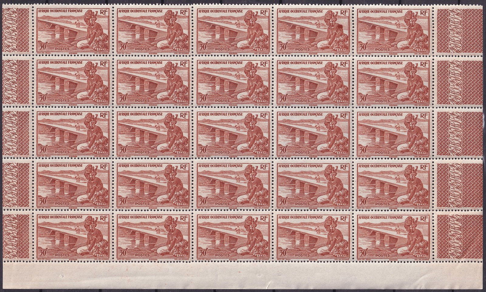 French West Africa 1947 Scott 37 30c Bridge Woman Sheet MNH: French West Africa 1947 definitive issue 30 centimes red brown engraved stamp Scott 37 corresponding to Michel FR WA 35 Yvert 25 and Stanley Gibbons 35 issued 24 March 1947 printed by Institut de Grav