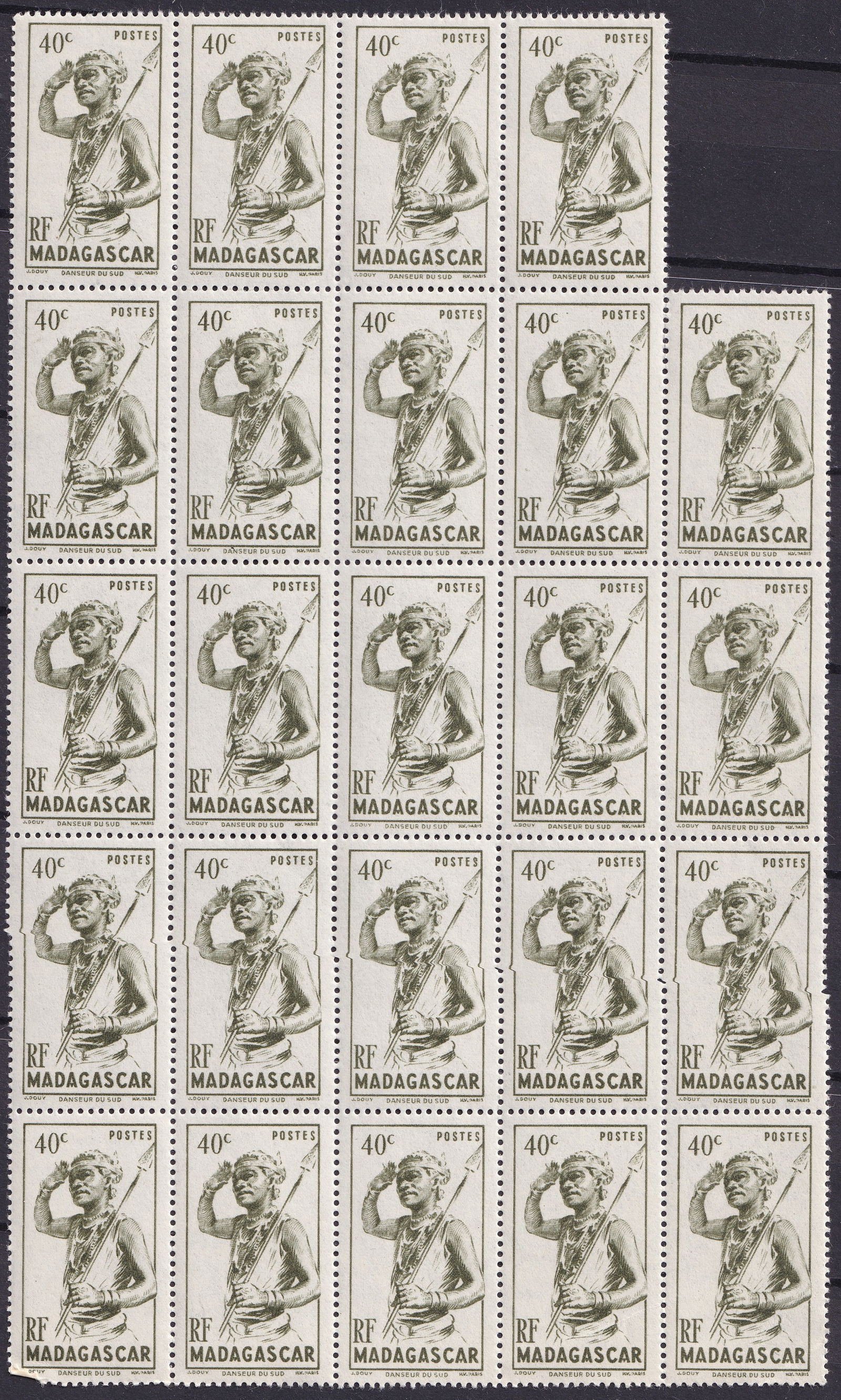 Madagascar 1946 Scott 271 40c People Animals Block MNH: Madagascar 1946 definitive issue 40 centimes dark brown olive stamp Scott 271 corresponding to Michel MG 389 Yvert 302 and Stanley Gibbons 298 issued 10 February 1946 printed by Hélio Vaugirard Paris