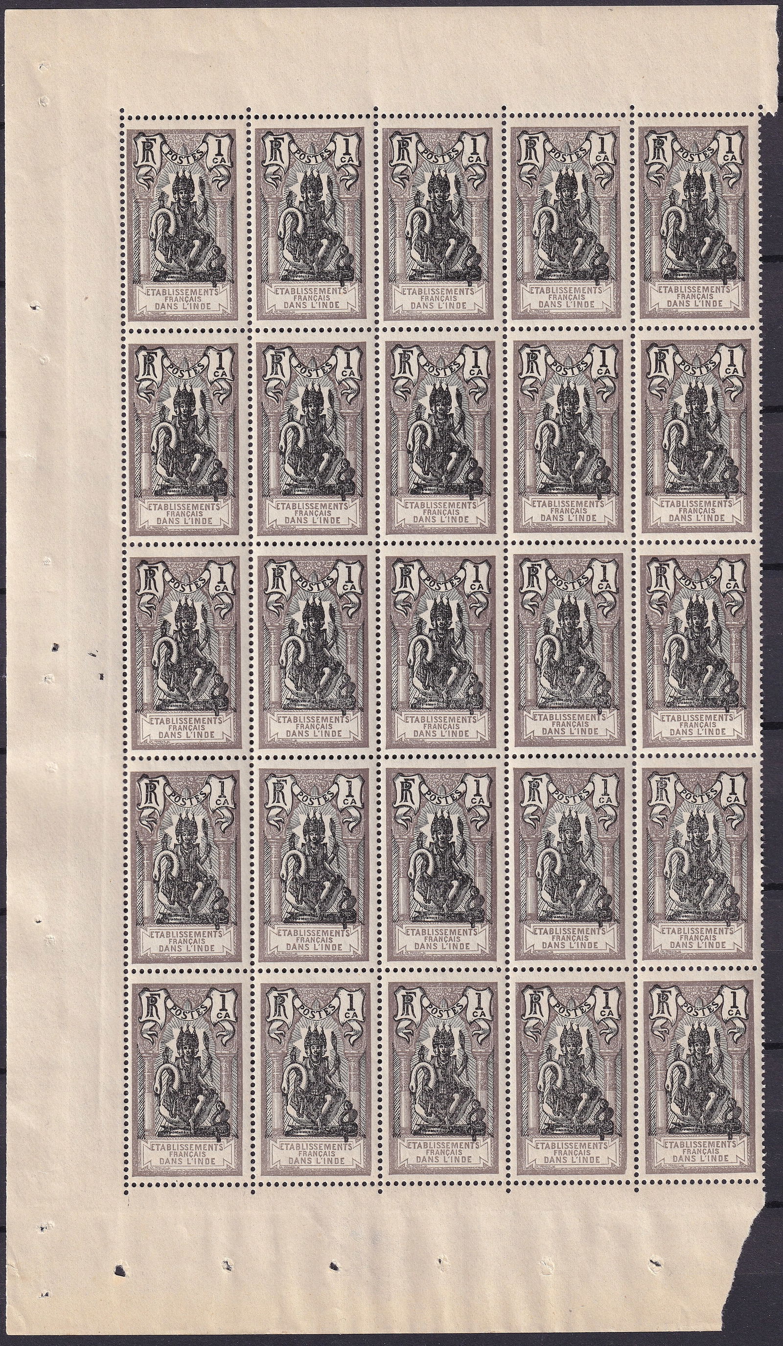 French India 1929 Scott 80 1 Cash Brahma Temple Sheet MNH: French India 1929 definitive issue 1 cash lilac gray and black stamp Scott 80 corresponding to Michel FR IN 84 Yvert 85 and Stanley Gibbons 88 issued 16 September 1929 printed in typography perforatio