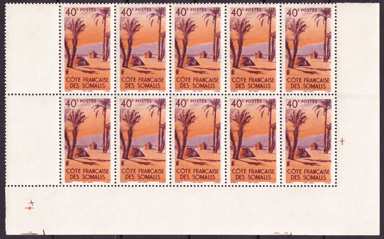 French Somaliland 1947 Scott 250 40c Palm Landscape Block MNH: French Somaliland 1947 definitive issue 40 centimes multicolored photogravure stamp Scott 250 corresponding to Michel FR SO 287 Yvert 266 and Stanley Gibbons 395 issued 6 October 1947 printed by Héli