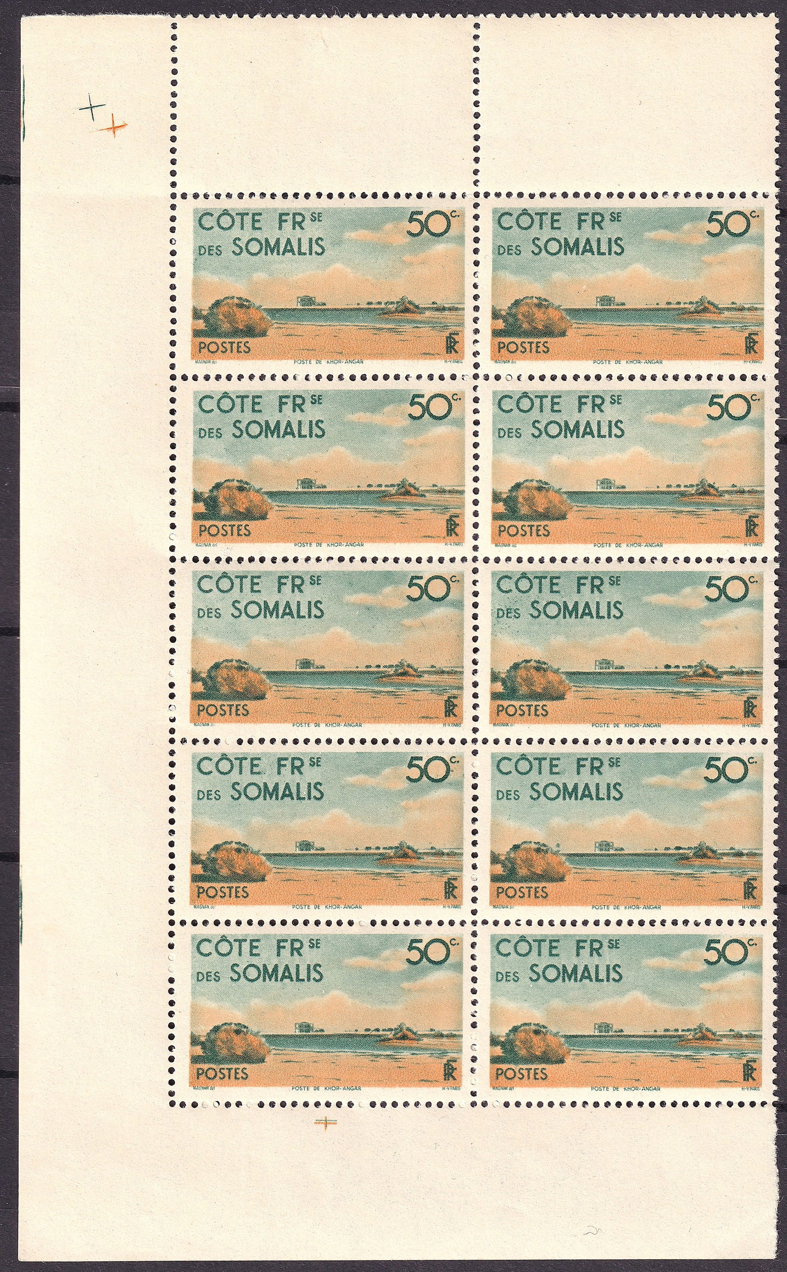 1947 French Somaliland Scott 251 50c Definitive Block of 10 MNH: An attractive mint never hinged block of ten from the 1947 definitive series of French Somaliland, 50 centimes multicolored photogravure, issued October 6, 1947. Catalogued as Scott 251, Michel FR-SO