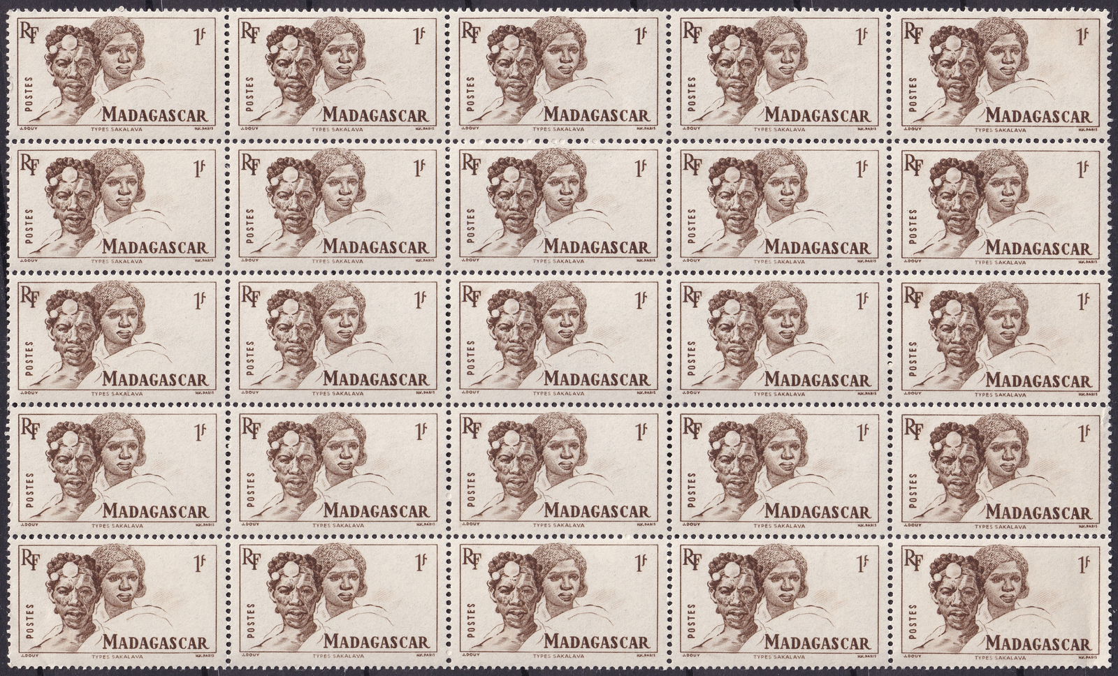 1946 Madagascar Scott 275 1Fr People Definitive Full Sheet of 25 MNH: A complete mint never hinged sheet of twenty five from the 1946 Madagascar People and Animals definitive issue, 1 Franc sepia, issued February 10, 1946. Catalogued as Scott 275, Michel MG 393, Yvert 3