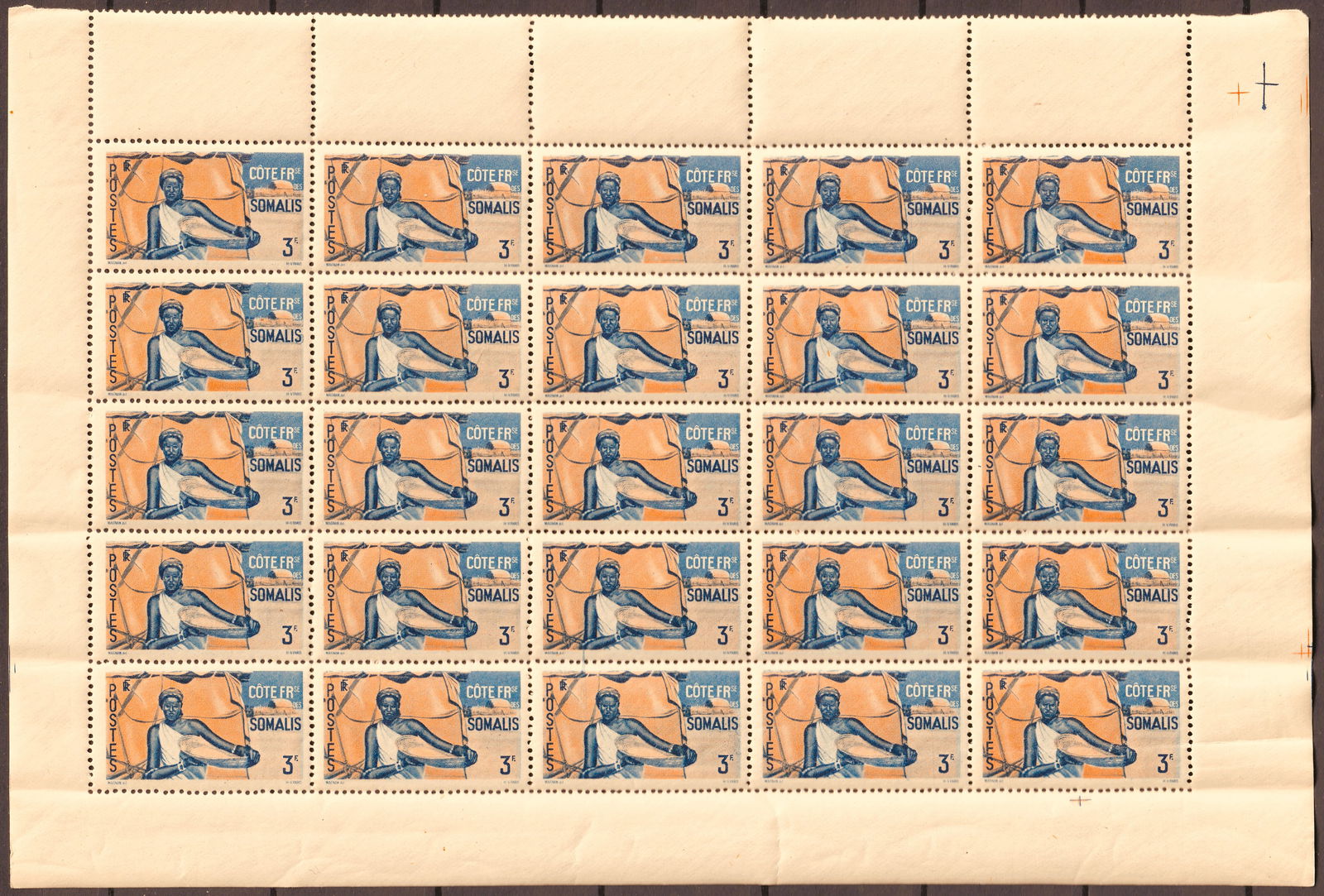 1947 French Somaliland Scott 258 3Fr Definitive Full Sheet MNH: An impressive complete mint never hinged sheet of the 1947 French Somaliland 3 Franc definitive, issued October 6, 1947, printed in multicolored photogravure by Hélio-Vaugirard, Paris, perforation co