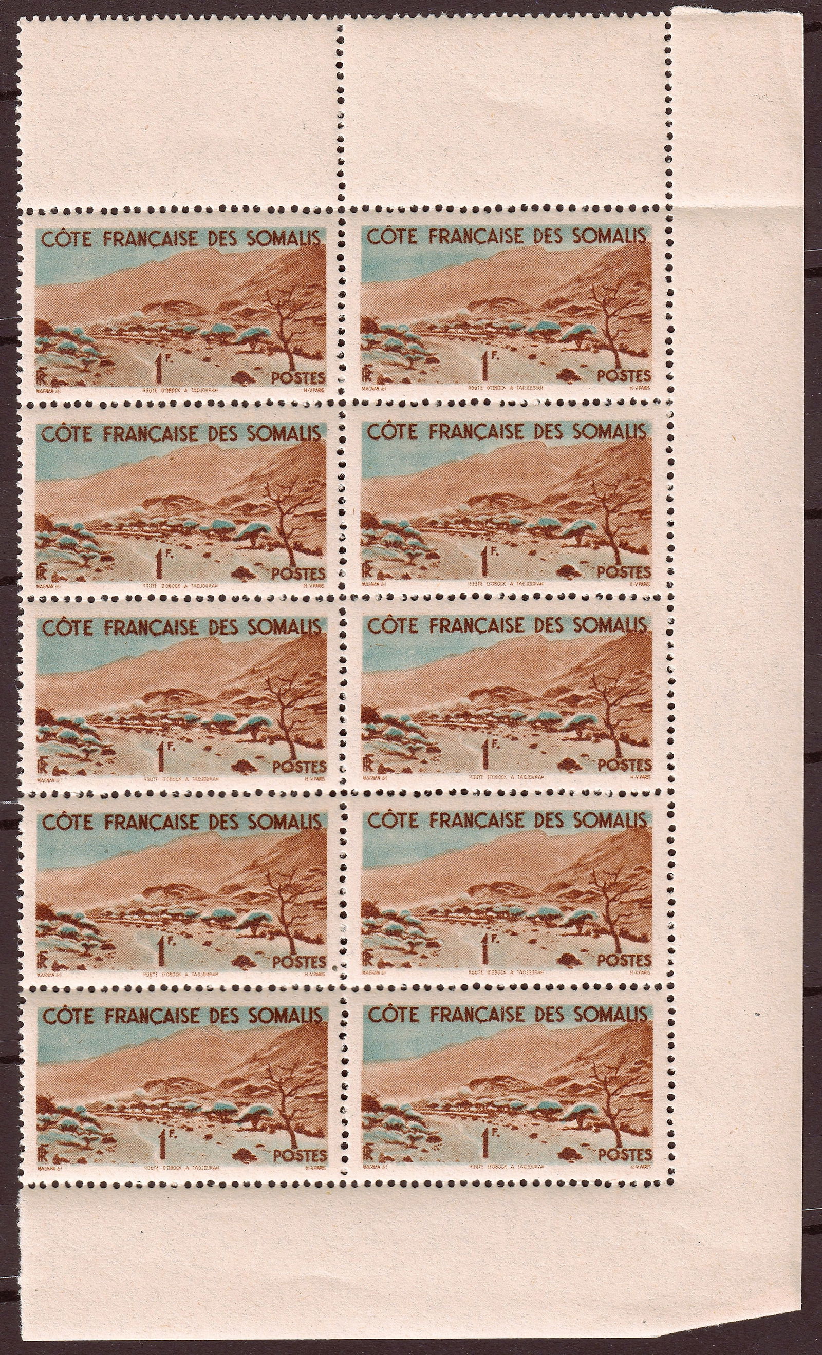 1947 French Somaliland Scott 254 1Fr Definitive Block of 10 MNH: A well preserved mint never hinged marginal block of ten from the 1947 definitive issue of French Somaliland, 1 Franc multicolored photogravure, issued October 6, 1947. Catalogued as Scott 254, Michel