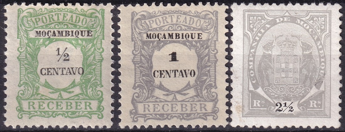 1917 Mozambique Scott J34 J35 and 1907 Scott 61F Postage Due MNH: A desirable mint never hinged trio from Portuguese Mozambique comprising two 1917 postage due issues and one 1907 Mozambique Company Coat of Arms definitive, all printed by typography at Casa da Moeda