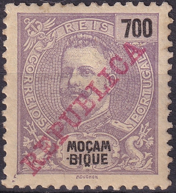 1911 Mocambique 700 Reis Violet Republica Scott 113 MH: A well preserved mint example of the 1911 Mocambique 700 Reis violet from the King Carlos I definitive series overprinted REPUBLICA, catalogued as Scott 113, Michel MZ 117, Stanley Gibbons 161 and Yve