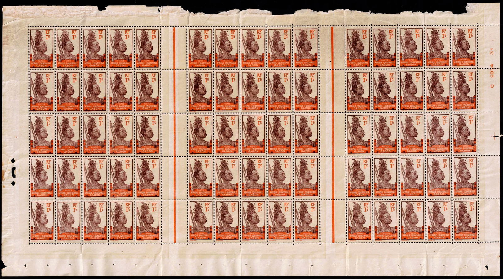 French Gabon 1924 Overprint Scott GA85 1c Afrique Equatoriale MNH Sheet (1 of 3)