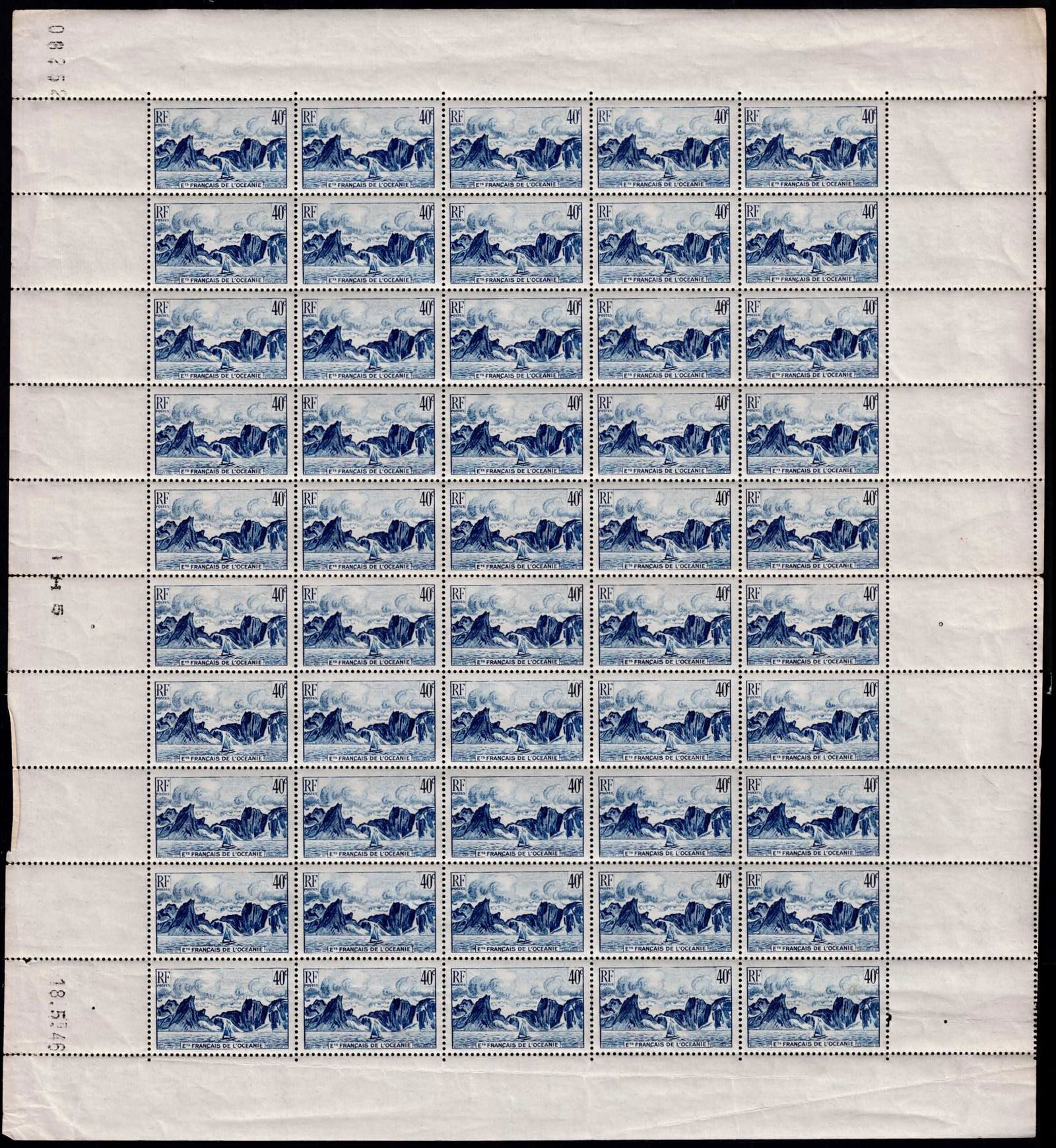 French Oceania 1948 Scott FR-OC162 40c CFP Blue MNH Sheet (1 of 3)