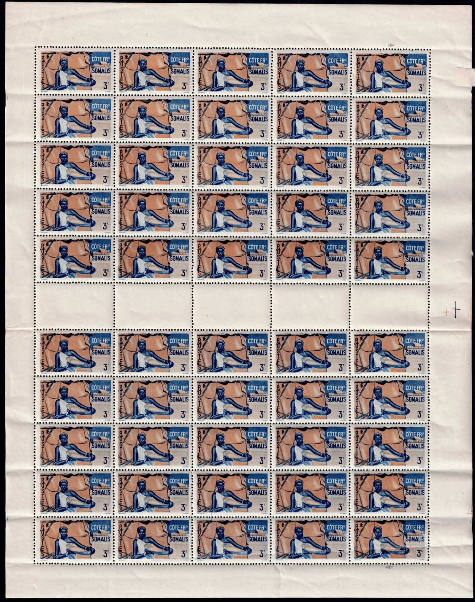 French Somaliland 1947 Scott FR-SO257 2Fr CFA Definitive MNH Sheet: A complete mint never hinged sheet of the 1947 definitive issue of French Somaliland, Scott FR-SO257, corresponding to Michel FR-SO 294, Yvert et Tellier FR-SO 273 and Stanley Gibbons FR-SO 402. Issue