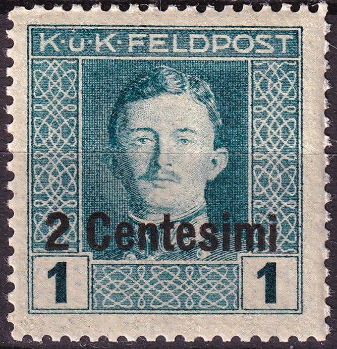 1917 Romania Austro Hungarian Occupation WWI Scott RO 1N8 2 Centesimi: This mint never hinged example represents a scarce issue from the Austro Hungarian military occupation of Romania during the First World War, released on 1 November 1917 for use under K.u.K Feldpost a