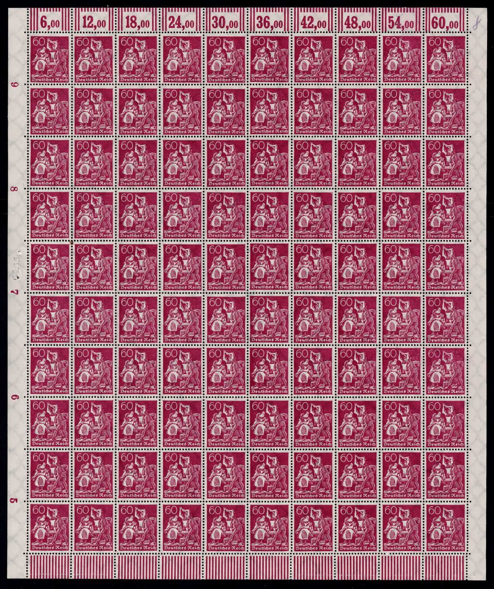 1921 German Reich Workers Definitive 60 Pfennig Scott 141: This complete mint never hinged full sheet was issued in Germany in October 1921 during the Weimar Republic period as part of the Definitives Numerals Workers and Posthorn series, a key definitive gro