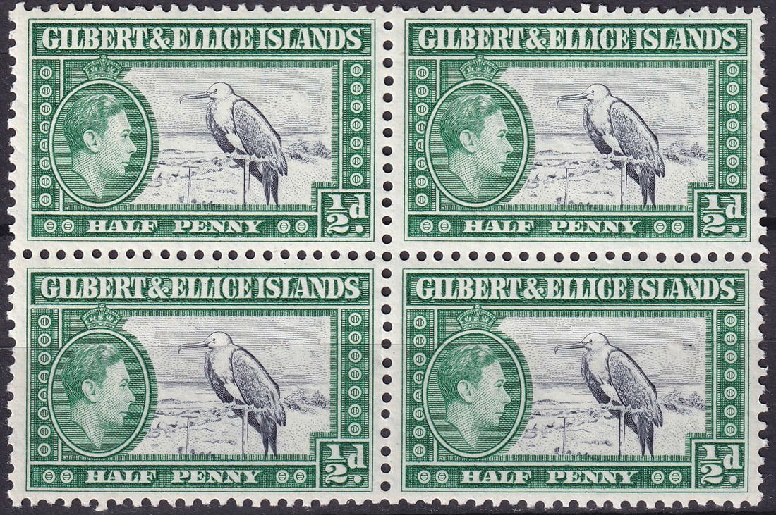 1939 Gilbert and Ellice Islands King George VI SG GB-GE 43 Block of 4: Issued in 1939 for the Gilbert and Ellice Islands, this Mint Never Hinged block of four represents one of the most visually distinctive definitive designs of the late British colonial period in the Pa