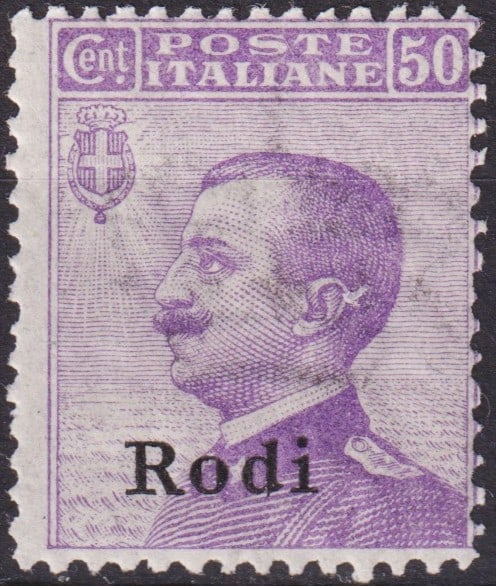 1912 Rhodes Overprint on Italy 50c Violet Victor Emmanuel III, Scott RH-9: Issued on December 1, 1912, following Italy’s occupation of the Dodecanese islands during the Italo-Turkish War, this 50 centesimi violet definitive stamp of Italy depicting King Victor Emmanuel III