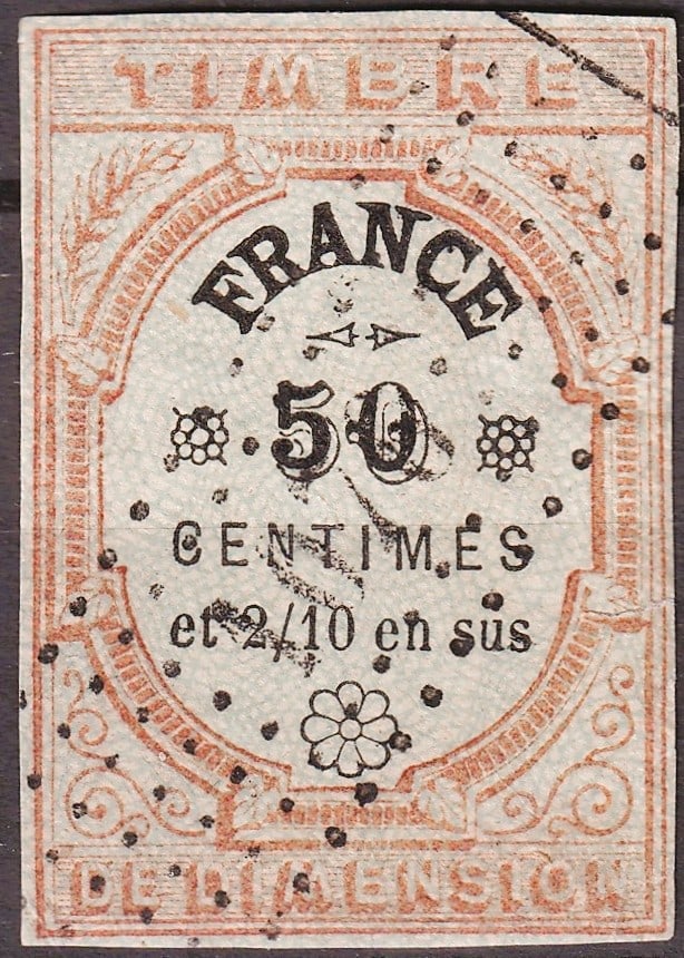 France 1872 Fiscal Dimension 50 2/10 Centimes Yvert DI38 Forbin DI106: This lot presents an original French fiscal stamp from the early Third Republic period, issued in 1872 for use as a revenue or stamp duty adhesive under the French “Dimension” tax system. The