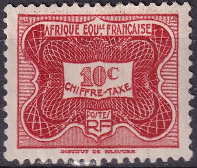 1947 French Equatorial Africa Postage Due 10 Centimes Scott J12: This 10 centimes postage due stamp was issued on 10 February 1947 for French Equatorial Africa as part of the standardized postwar postage due series introduced to regulate the collection of deficient