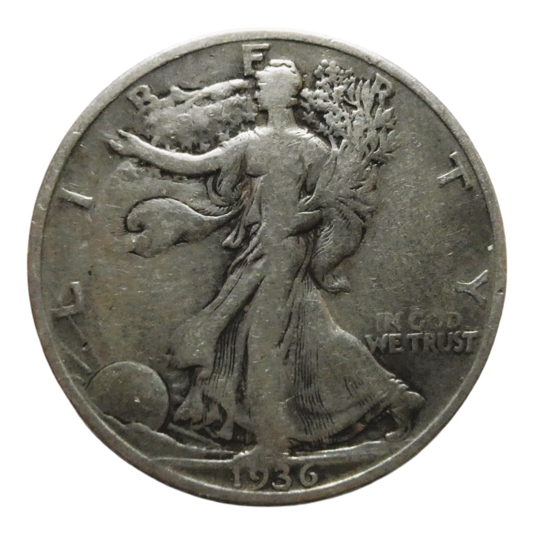 1936 Walking Liberty Half Dollar, 90% Silver, Circulated Example: This 1936 Walking Liberty Half Dollar is part of the iconic coin series minted in the United States between 1916 and 1947, celebrated for its artistic excellence and patriotic symbolism. Designed by A