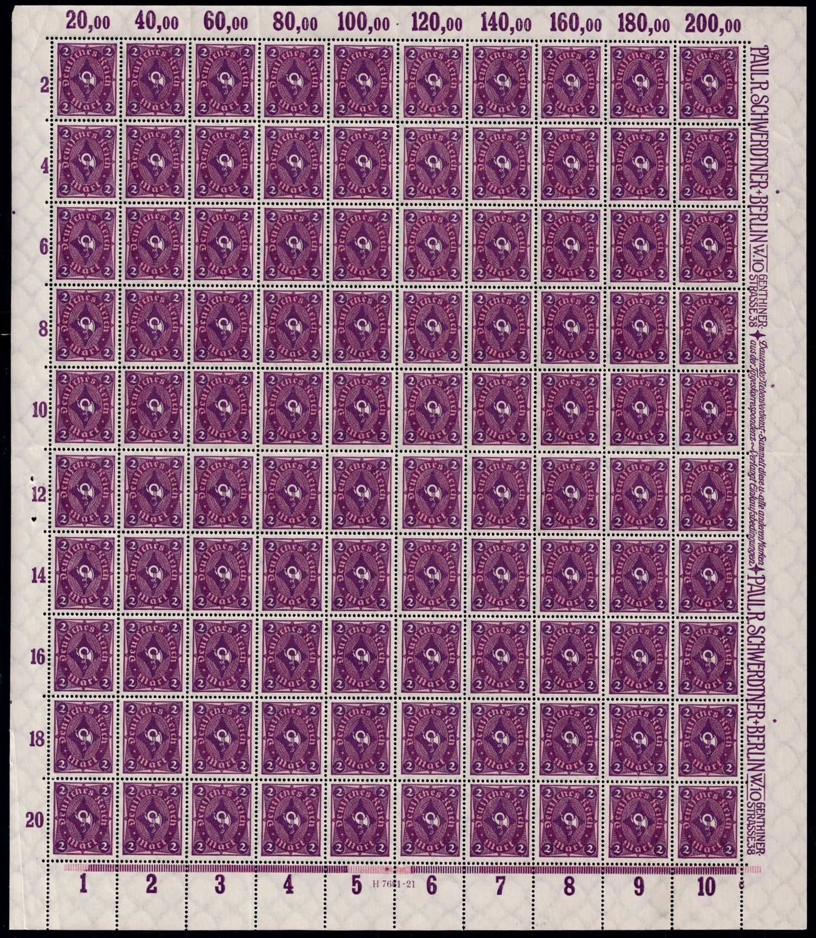 1922 German Reich Definitive Posthorn Michel DR 191 Full Sheet: This complete original sheet represents the German Reich definitive issue of 1922 from the long-running Numerals Workers and Posthorn series and is catalogued as Michel DR 191. The design features