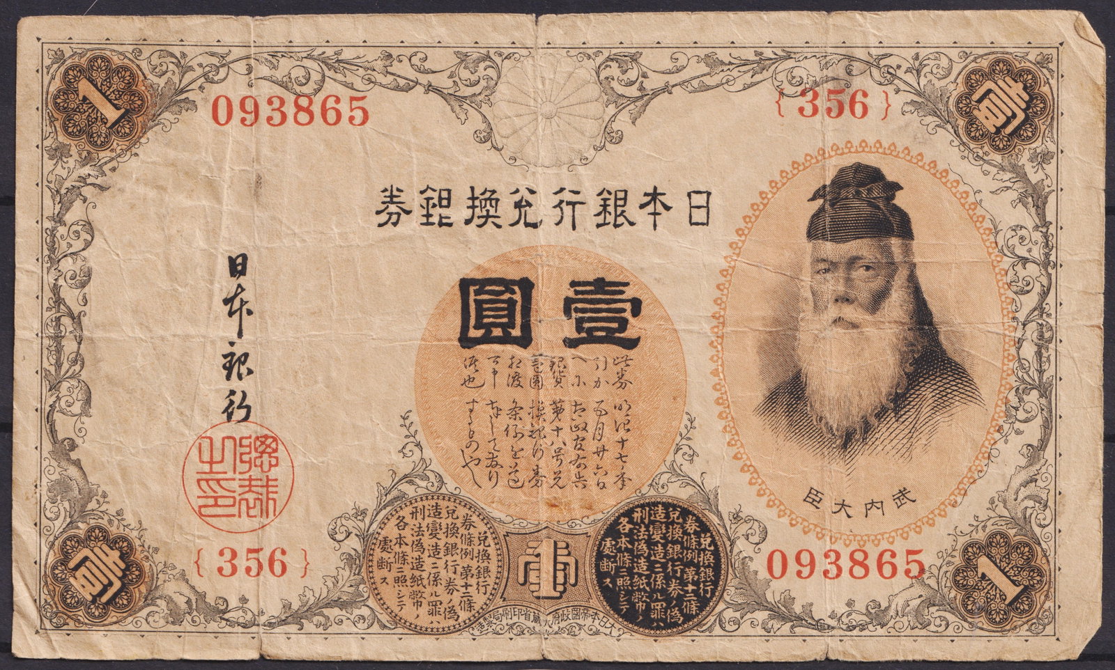 Japan Meiji Era 1 Yen Banknote 1880s – Warrior Portrait and Silver Promise: This Japanese 1 Yen banknote from the Meiji era, issued in the 1880s by the Bank of Japan, represents an early stage of Japan’s modernization and international engagement. Measuring approximately 16