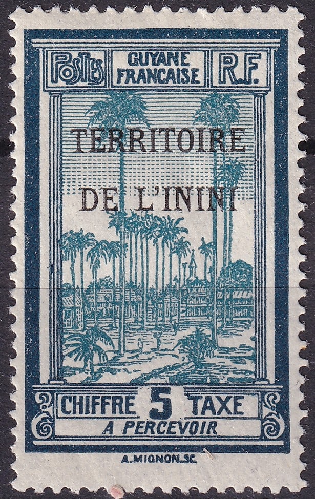 1932 Inini Guyane Postage Due Territory de L Inini Michel FR INI P1: This offering presents a complete example of the 1932 Inini postage due issue overprinted Territory de L Inini, cataloged as Michel FR INI P1, issued for use in the French overseas territory of Inini,