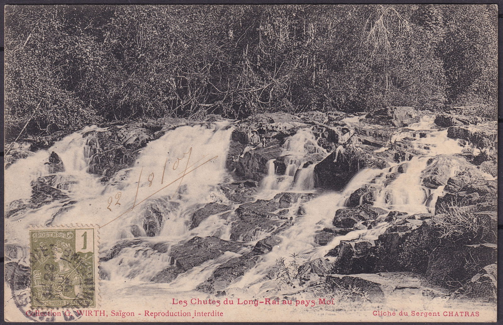 1907 French Indochina colonial postcard Tonkin Lang Son Government Residence Scott FR-IC 24: This evocative early 20th century postcard from French Indochina presents a striking photographic view of the Long Rai waterfalls, captured during the colonial period when exploration, infrastructure