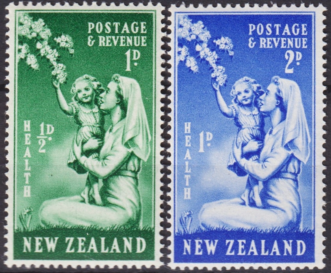 British New Zealand 1949 Health Stamps, Mother and Child, Scott B34-B35, Mint: This complete set of two semi-postal Health stamps was issued by New Zealand on October 3, 1949, designed by the acclaimed artist James Berry and printed by Harrison & Sons Ltd. in photogravure. The d