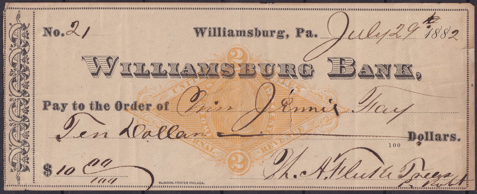 United States 1882 Williamsburg Bank, Pennsylvania Check RN-G1 Orange Revenue Imprint (1 of 3)