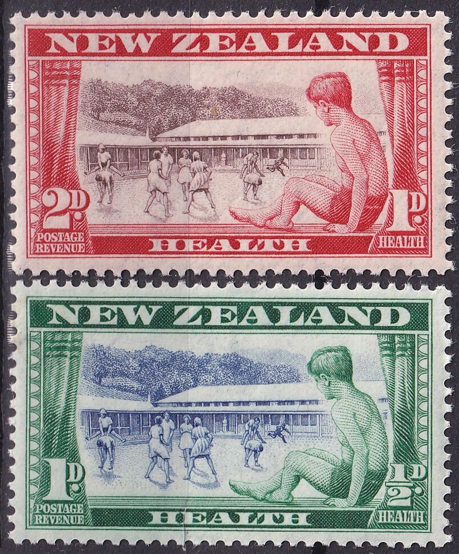 New Zealand 1948 Health Stamps Boys at Health Camp Set Scott NZ B32–B33: Issued on October 1 1948 this two stamp semi postal set from New Zealand illustrates a central theme of national welfare and recovery in the postwar years. Designed by E. Linzell and printed by Bradbu