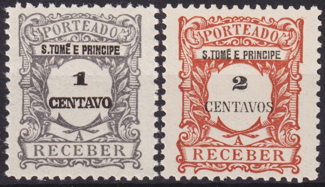 Portuguese Sao Tome & Príncipe 1921 Postage Due, 1c & 2c (Scott J43–J44): An attractive pair of early colonial postage due stamps from São Tomé and Príncipe, issued in 1921. This issue belongs to the first series of "Porteado" overprints, produced at Casa da Moeda de Por