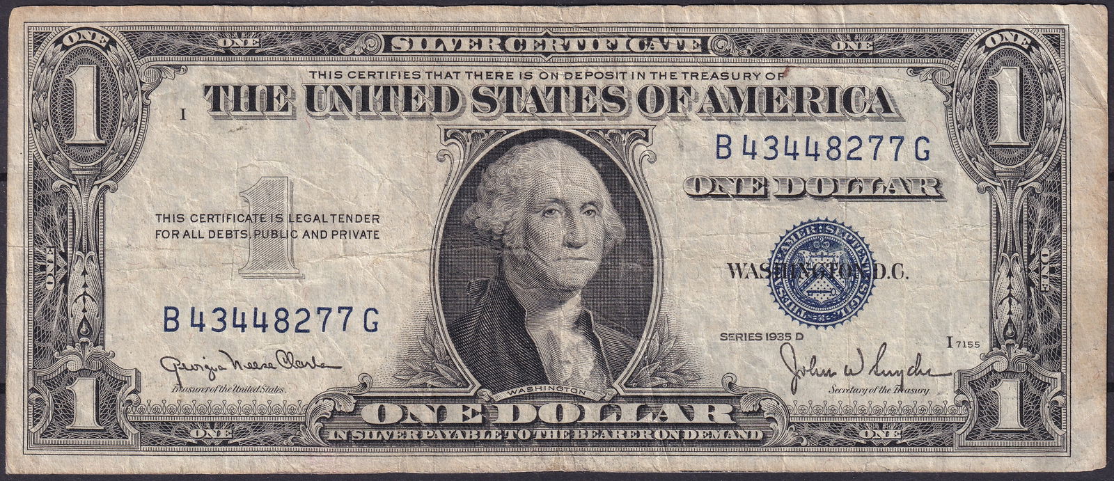 USA $1 Silver Certificate 1935 D – Serial B43448277G (1 of 2)