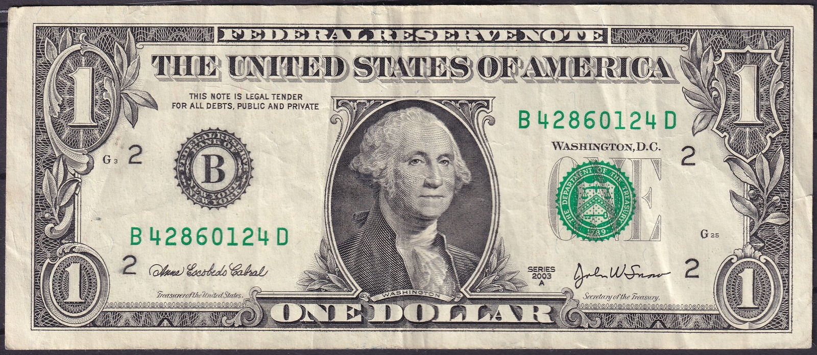 United States 2003A One Dollar Federal Reserve Note B42860124D (1 of 2)