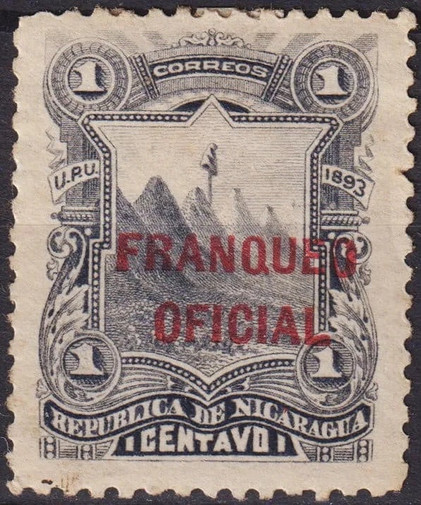 French Nicaragua 1893 Official Overprint 1c Gray Mountain Landscape Scott O31: Issued in 1893, this official stamp of Nicaragua presents the finely engraved Mountain Landscape design, produced by the Hamilton Bank Note Company and originally part of the U.P.U. commemorative seri