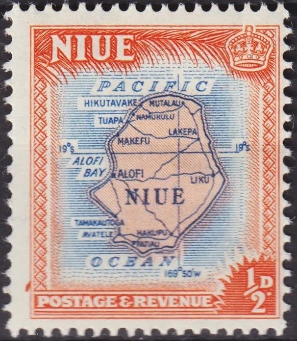 British Niue 1950 ½d Map of Island, Blue & Red-Orange, Scott #94: This elegant ½ penny definitive stamp, issued on July 3, 1950, presents a finely engraved map of Niue, the “Rock of Polynesia,” highlighting major villages such as Alofi, Lakepa, Hakupu
