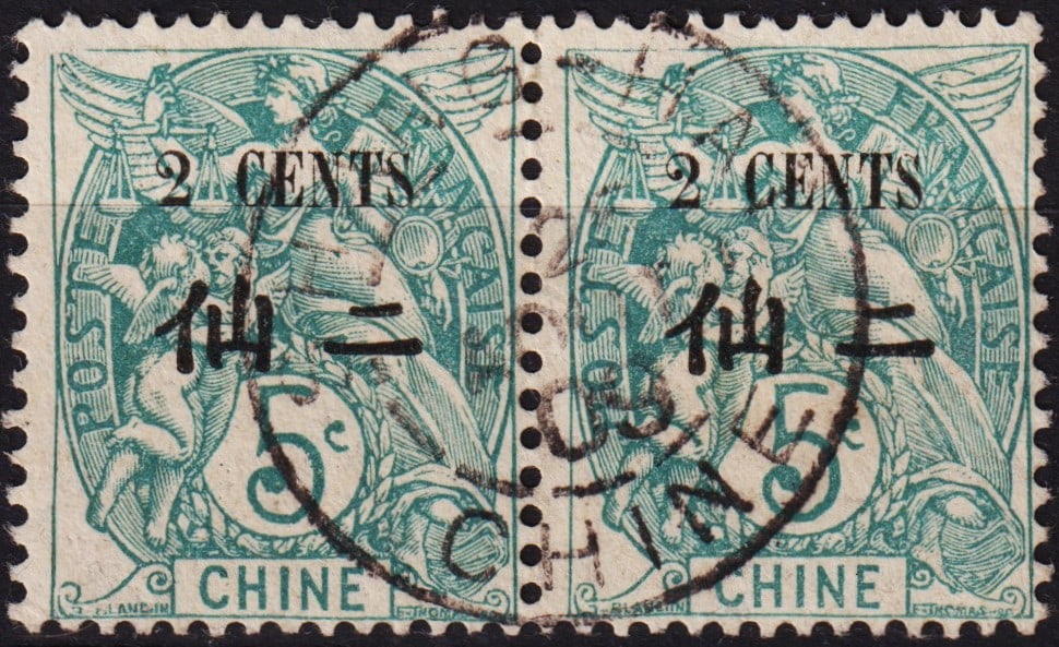 1907 French PO China Blanc 2¢ pair, Ca Shanghai, Scott CH 57: China 1907, pair of 2 Chinese cents stamps from the French Post Office in China featuring the “Type Blanc” design with new value overprint, beautifully postmarked “Shanghai CHINA.” Thi