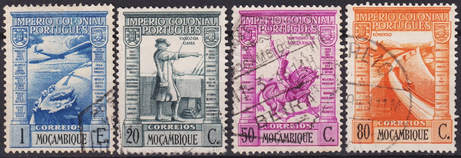 Portuguese Mozambique 1938 Colonial Empire Definitives Scott #281-300 Used: Issued in 1938 under the Estado Novo regime, this striking set from the Portuguese Colonial Empire series for Mozambique showcases the imperial narrative of Portugal’s overseas territories. Designed