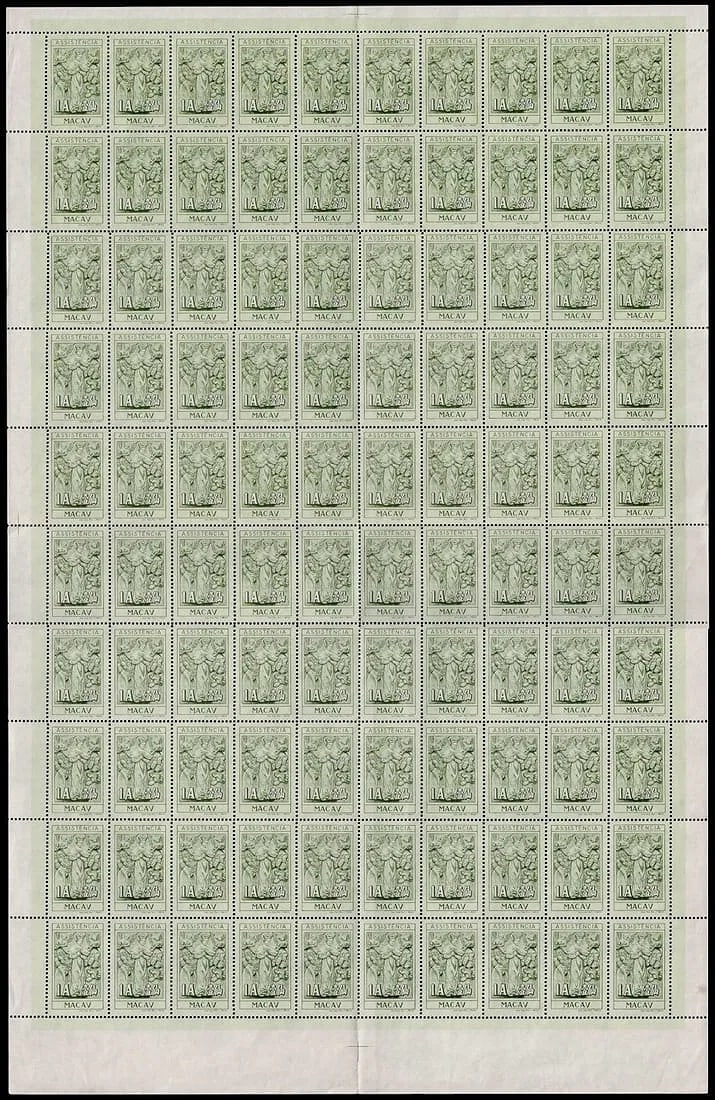 1958 Macau Postal Tax sheet, Our Lady of Mercies 1 avo olive green, Scott RA14: Issued on January 1, 1958, this complete mint never hinged sheet of 100 stamps from Portuguese Macau features the olive green 1 avo Postal Tax stamp from the ?Our Lady of Mercies? charity series. Desi