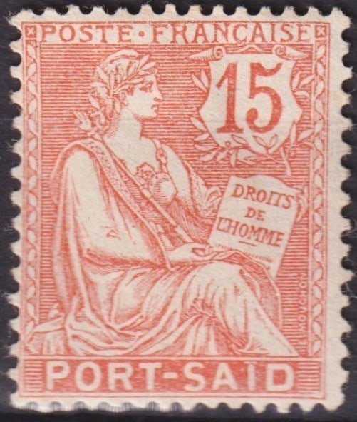 1902 Port Said French Post Office 15c Light Red Type Mouchon Scott 24 FR-PS#24: Issued in 1902 and listed as Scott 24 / Michel FR-PS 24, this definitive stamp from the French Post Office in Port Said, Egypt, features the celebrated Type Mouchon allegorical design by Louis-Eugène
