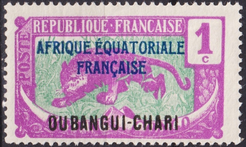 France 1924 Ubangi-Shari 1c Leopard Overprint Scott FR-OU 41: Issued in 1924 under French Equatorial Africa, this rare 1 centime definitive from Ubangi-Shari presents the striking leopard motif designed by Jules-Jacques Puyplat with engraving by Pawel Merwart. P