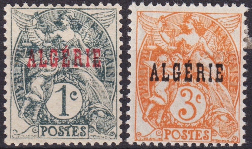 French 1924 Algeria Overprints on France 1c Black and 3c Orange, Scott 1–3: Issued in 1924–1925, these overprinted definitives marked the establishment of Algeria’s distinct postal identity within the French colonial system. Derived from France’s "Type Blanc" design by