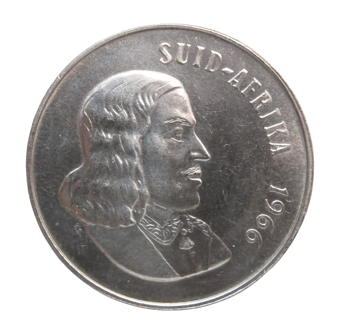 1966 South Africa 1 Rand Proof Coin, Silver, Afrikaans Legend: This South African 1 Rand coin dated 1966 is part of the First Republic circulation series issued between 1961 and 1994. Struck by the South African Mint in Pretoria, this proof issue is distinguished