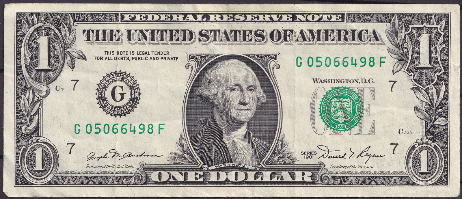 USA 1981 $1 Federal Reserve Note – Series G05066498F (1 of 2)