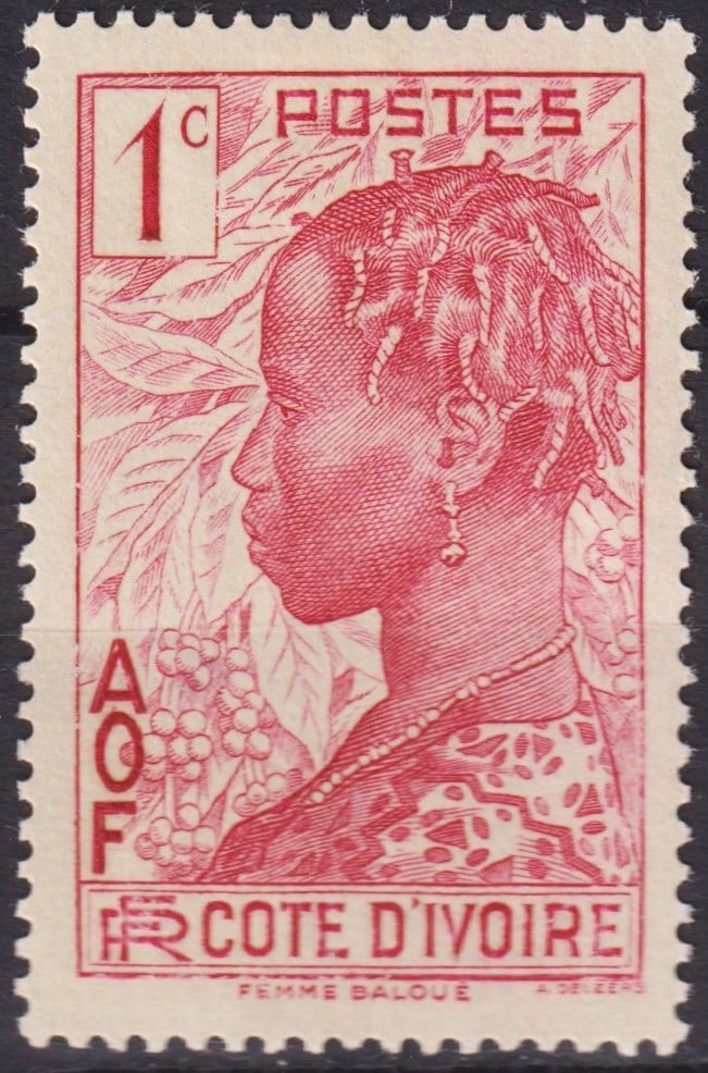 Cote d’Ivoire 1936 1c Femme Baloué – Scott CI 112: This fine engraved stamp from Côte d’Ivoire was issued on October 19, 1936 as part of the definitive series “Local Motives” highlighting the cultural identity of French West Africa. Depicti