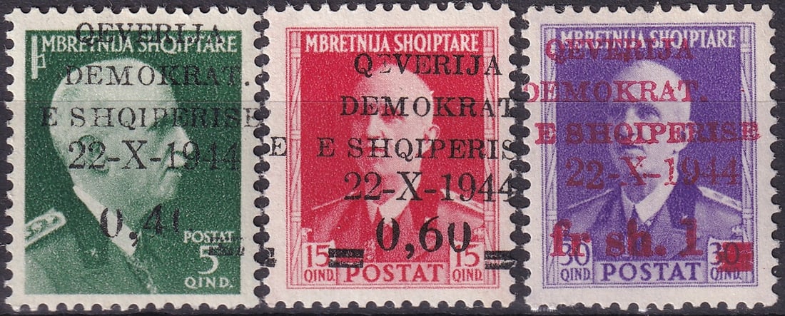 Albania 1945 King Zog Overprints Democratic Govt 22-X-1944 Set Scott AL 346-350: This important provisional issue of Albania, released on January 10, 1945, consists of surcharged and overprinted stamps originally depicting King Zog, adapted for use by the newly established Democra