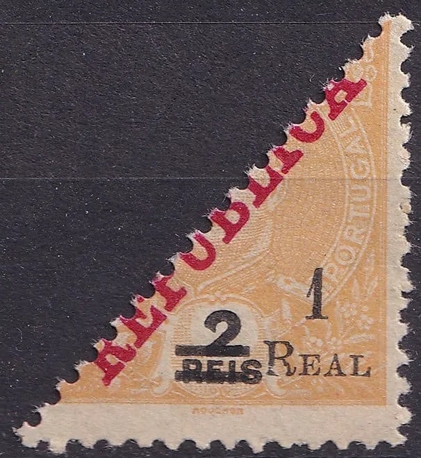 1911 Portuguese India 1R on 2R Orange Diagonal Overprint “REPUBLICA?? Scott PT-IN 260 MNH: Rare diagonally bisected 1911 provisional issue from Portuguese India, originally a 2 Reis orange definitive stamp featuring King Carlos I, overprinted with bold black surcharges reading “1 Real&rdq