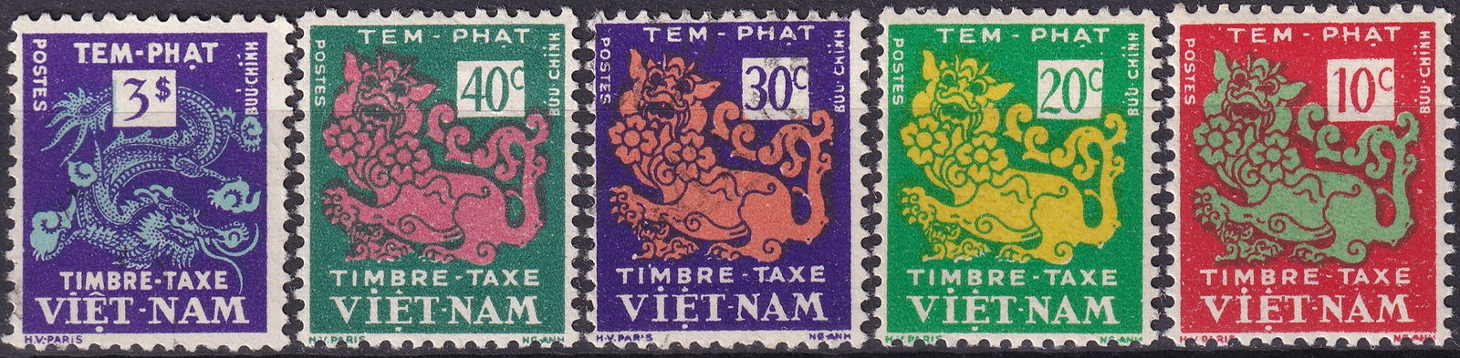 French Indochina 1952–55 Dragon Postage Due Set Scott J1–J4, J8 MNH: This complete set of Vietnamese postage due stamps, known as the Dragon issue, was issued between 1952 and 1955 during the transitional period from French Indochina to the State of Vietnam. The series
