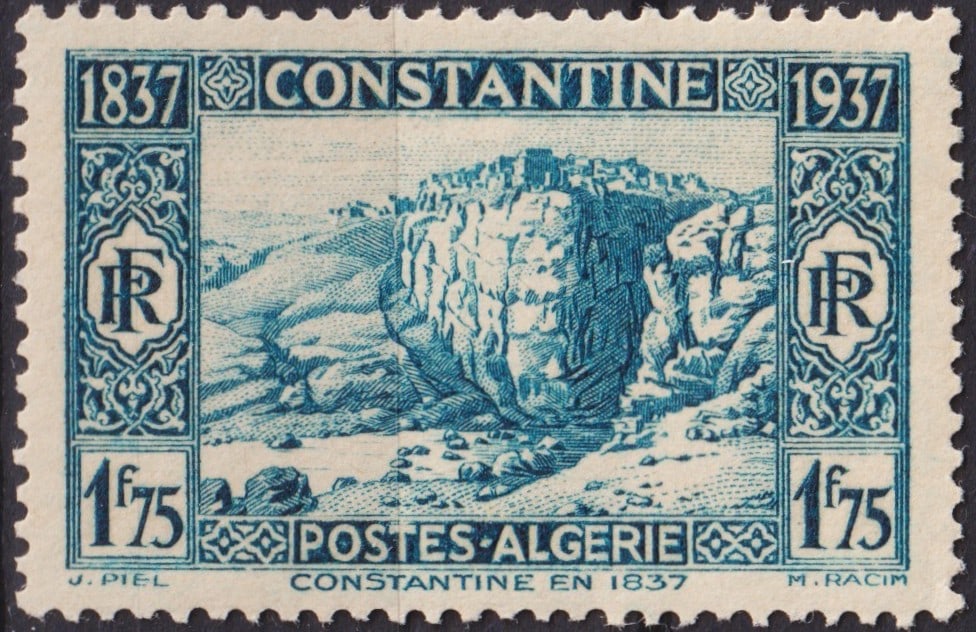 Algeria 1937 Constantine Centenary 1.75F Blue Scott DZ115 MNH: Issued in 1937 to commemorate the centenary of the French capture of Constantine, this Algerian commemorative stamp of 1.75 francs depicts the dramatic cliffside city of Constantine, one of the most h