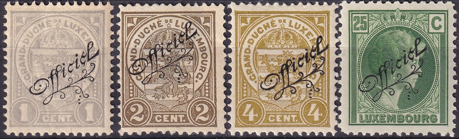 Luxembourg Official Stamps 1908–1926 Scott O80–O82, O145: Issued by the Grand Duchy of Luxembourg between 1908 and 1926, this group of official stamps with the elegant “Officiel” overprint comprises four distinct values representing both heraldic and