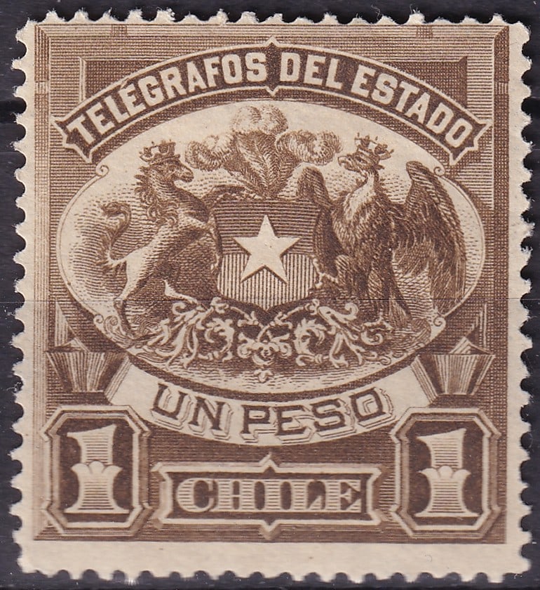 Chile 1883 Telegraph Issue 1 Peso Brown “Teleegrafos del Estado?? Scott CL AR9: Issued on July 1, 1883, this handsome telegraph stamp from Chile represents one of the earliest government telegraphic issues of South America. Printed by the American Bank Note Company in New York