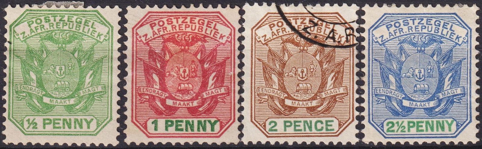 Transvaal 1895–97 Coat of Arms Issue, Scott ZA-TV 154/169/166/168: Issued between 1895 and 1897 in the Zuid-Afrikaansche Republiek (Transvaal), this set of four definitive stamps represents the classic Coat of Arms issue, printed in typography with a fine