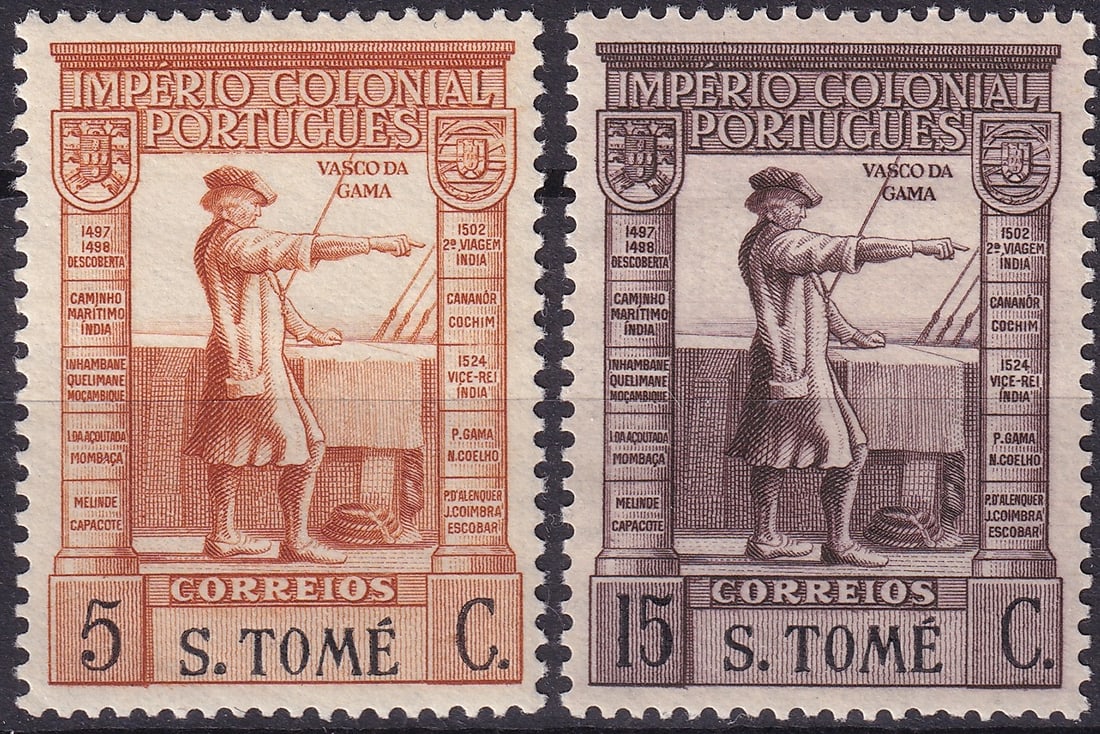 Sao Tome and Príncipe 1938 Vasco da Gama Definitives 5c & 15c (SG 345–347, Mi 298–300): Issued in August 1938 as part of the Império Colonial Português definitive series, these two engraved stamps from São Tomé and Príncipe celebrate the famed Portuguese navigator Vasco da Gama (c.1