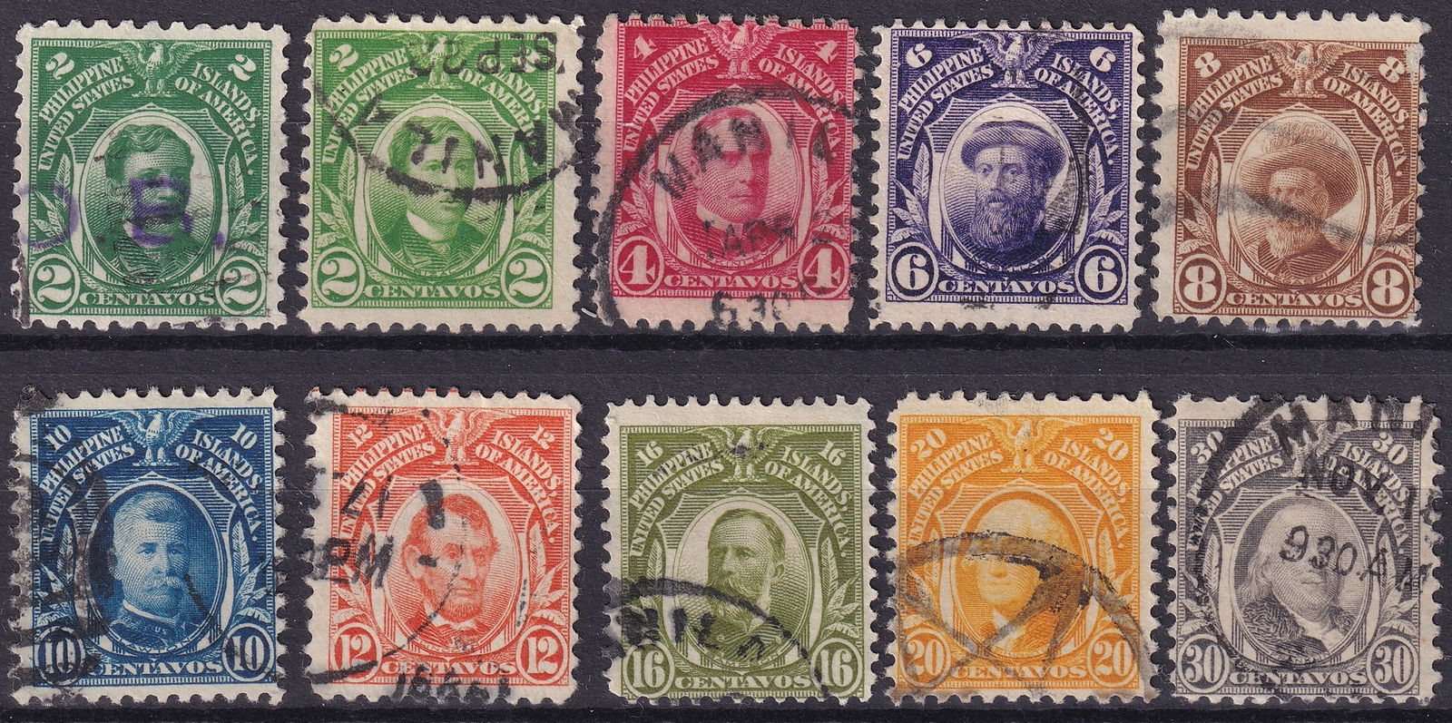US 1906-1914 Philippines Famous Americans Set, Used, 2c-30c, Sc 241a-275 (1 of 2)